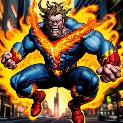 Prompt: Muscular middle-aged man with flames for hair, flying angrily through a city with elemental powers, high-quality, intense, comic book style, superhero costume, fiery tones, dynamic perspective, urban setting, elemental effects, detailed facial expression, powerful stance, professional lighting