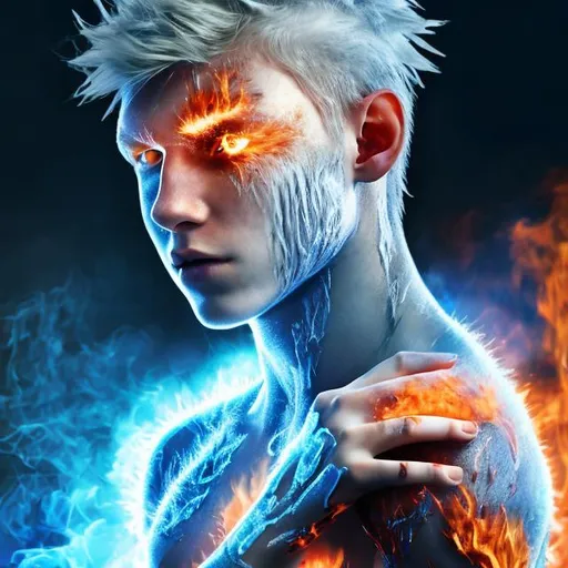 Prompt: Young man, half white hair, half red hair, burn scars covering left side of face. Flames emitting from left arm, ice emitting from right arm.