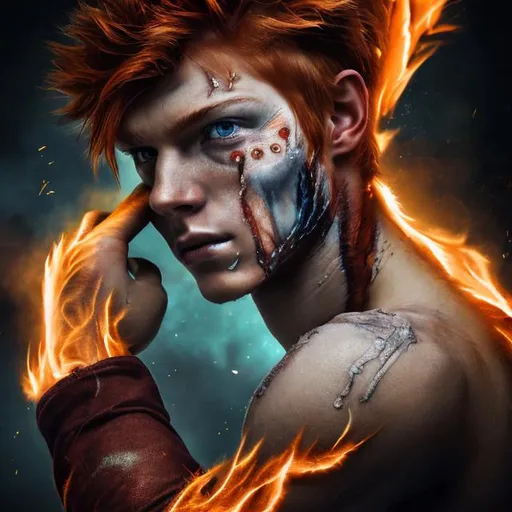 Prompt: Young man with half white, half red hair, burn scars on left side of face, flames emitting from left arm, ice emitting from right arm, high quality, detailed, realistic, fantasy, dual-toned hair, facial scars, elemental powers, intense expression, dynamic lighting