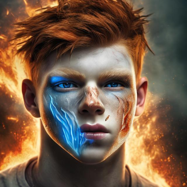 Prompt: Young man with half white, half red hair, burn scars on left side of face, flames emitting from left arm, ice emitting from right arm, high quality, detailed, realistic, fantasy, dual-toned hair, facial scars, elemental powers, intense expression, dynamic lighting