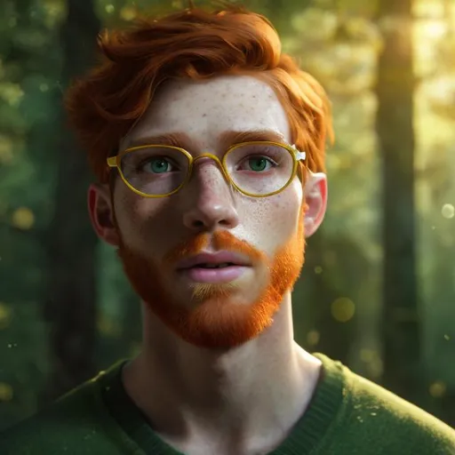 Prompt: Young man with red hair, freckled face, green eyes, glasses, beard, standing in forest, rays of sunlight, questioning expression, lush greenery, detailed facial features, thoughtful atmosphere, realistic 3D rendering, highres, detailed facial features, natural lighting, introspective, forest setting, atmospheric lighting