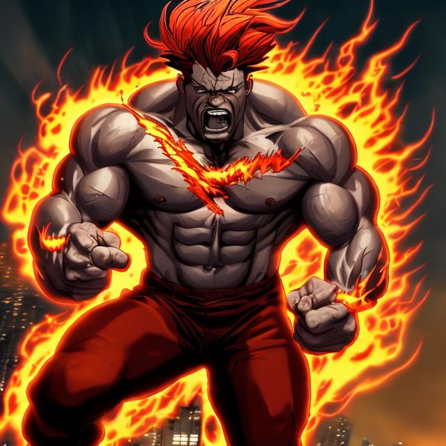 Prompt: Muscular middle-aged man with flames for hair, flying angrily through a city with elemental powers, high-quality, intense, comic book style, fiery tones, dynamic perspective, urban setting, elemental effects, detailed facial expression, powerful stance, professional lighting