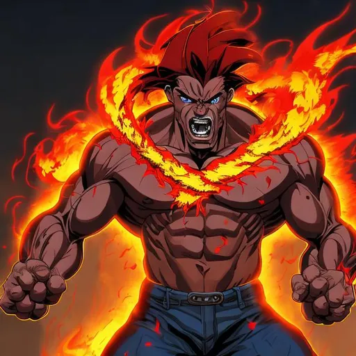 Prompt: Muscular middle-aged man with flames for hair, flying angrily through a city with elemental powers, high-quality, intense, comic book style, fiery tones, dynamic perspective, urban setting, elemental effects, detailed facial expression, powerful stance, professional lighting