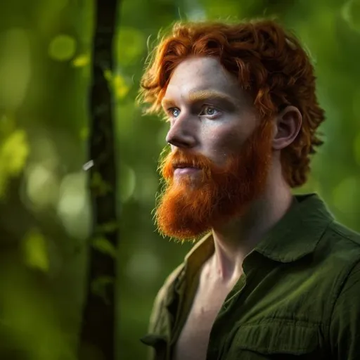 Prompt: A young, red haired man (freckled face, green eyes, beard, wearing glasses) stands alone in the forest, surrounded by trees. He looks up at the canopy, as rays of sunlight poke through the leaves, and wonders if this is all that life has to offer him. There are vines creeping up from the ground, and wrapping around his legs.