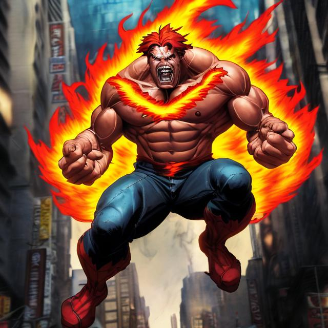 Prompt: Muscular middle-aged man with flames for hair, flying angrily through a city with elemental powers, high-quality, intense, comic book style, fiery tones, dynamic perspective, urban setting, elemental effects, detailed facial expression, powerful stance, professional lighting