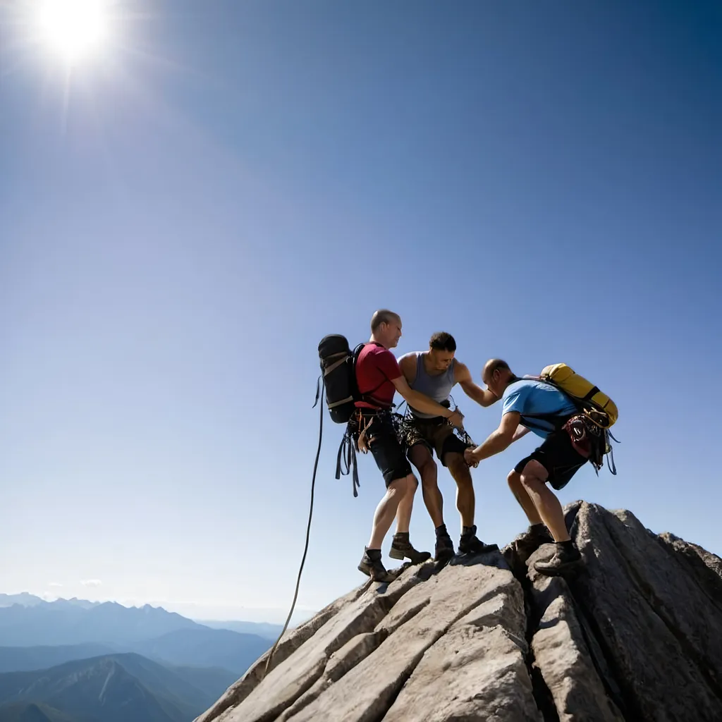 Prompt: A man is helped by another to climb a mountain