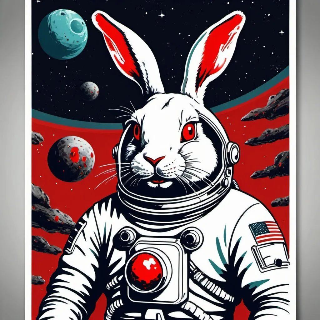 Prompt: Retro sci-fi evil bloody rabbit astronaut poster