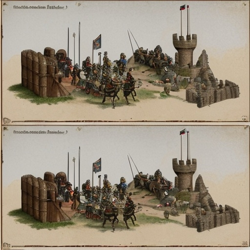 Prompt: Castle and Fortress Preparation
Castle Walls: Show thick, high walls with battlements. Include archers on the walls.
Moat and Drawbridge: Illustrate a moat around the castle with a drawbridge that can be raised or lowered.
Watchtowers: Feature towers at the corners of the castle walls with guards.
2. Troop Mobilization
Army Camp: Include tents arranged in rows, with banners indicating different units or factions.
Soldiers and Knights: Show soldiers in various stages of armor donning, while knights prepare their horses.
Training Exercises: Illustrate soldiers practicing with swords and shields, archers shooting targets.
3. Logistics and Supply Lines
Supply Wagons: Show wagons being loaded with barrels, crates of food, and weaponry.
Supply Hub: Depict a central area with barrels, crates, and soldiers organizing supplies.
4. War Council
Strategic Planning: Feature a group of medieval leaders around a table with a map and scrolls.
Diplomatic Discussions: Include representatives from different kingdoms shaking hands or discussing terms.
5. Weaponry and Armor
Weapons Display: Show various medieval weapons like swords, axes, and spears on display.
Armor Workshop: Illustrate armorers working on suits of armor, with tools and partially completed pieces.
Visual Elements to Consider:
Color Scheme: Use earthy tones like browns, grays, and greens to reflect the medieval period.
Textures: Add textures to indicate stone walls, metal armor, and wooden wagons.
Details: Include small details like flags, personal heraldry, and unique weapon designs to add authenticity.