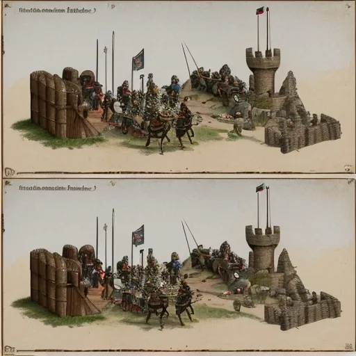 Prompt: Castle and Fortress Preparation
Castle Walls: Show thick, high walls with battlements. Include archers on the walls.
Moat and Drawbridge: Illustrate a moat around the castle with a drawbridge that can be raised or lowered.
Watchtowers: Feature towers at the corners of the castle walls with guards.
2. Troop Mobilization
Army Camp: Include tents arranged in rows, with banners indicating different units or factions.
Soldiers and Knights: Show soldiers in various stages of armor donning, while knights prepare their horses.
Training Exercises: Illustrate soldiers practicing with swords and shields, archers shooting targets.
3. Logistics and Supply Lines
Supply Wagons: Show wagons being loaded with barrels, crates of food, and weaponry.
Supply Hub: Depict a central area with barrels, crates, and soldiers organizing supplies.
4. War Council
Strategic Planning: Feature a group of medieval leaders around a table with a map and scrolls.
Diplomatic Discussions: Include representatives from different kingdoms shaking hands or discussing terms.
5. Weaponry and Armor
Weapons Display: Show various medieval weapons like swords, axes, and spears on display.
Armor Workshop: Illustrate armorers working on suits of armor, with tools and partially completed pieces.
Visual Elements to Consider:
Color Scheme: Use earthy tones like browns, grays, and greens to reflect the medieval period.
Textures: Add textures to indicate stone walls, metal armor, and wooden wagons.
Details: Include small details like flags, personal heraldry, and unique weapon designs to add authenticity.