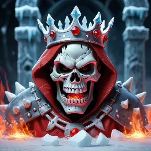 Prompt: Esquelet skull king in the ice cold, unfrozen, red fire, he is so angry that he got frozen, he’s angrier got him out of his ice prison, and he is happy and ready to take back his kingdom