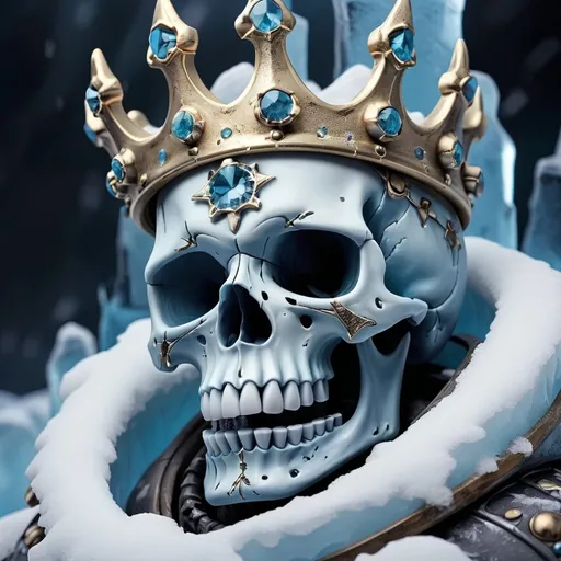 Prompt: Esquelet skull king in the ice cold, frozen, no fire