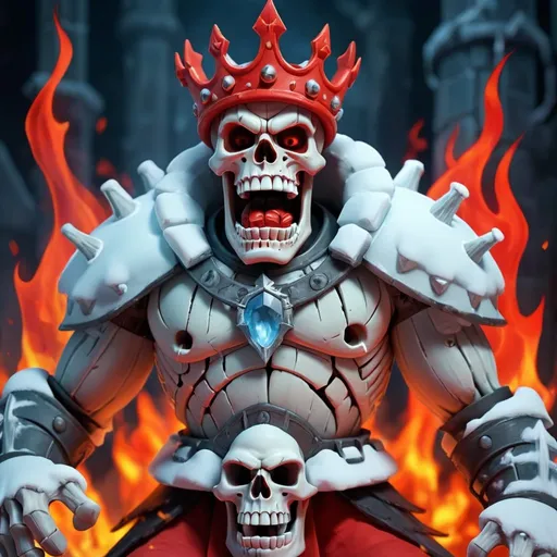 Prompt: Esquelet skull king, unfrozen, red fire, he is so angry that he got frozen, he’s angrier got him out of his ice prison, and he is happy and ready to take back his kingdom, he used his fire to unfrozen his whole kingdom, after the fire king unfrozen his kingdom he got an army of fire soldiers