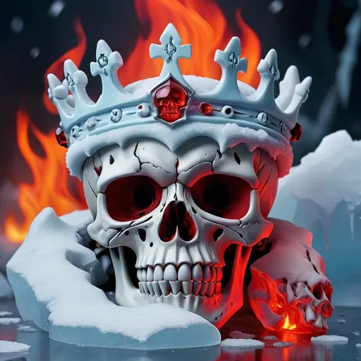 Prompt: Esquelet skull king in the ice cold, frozen, red fire