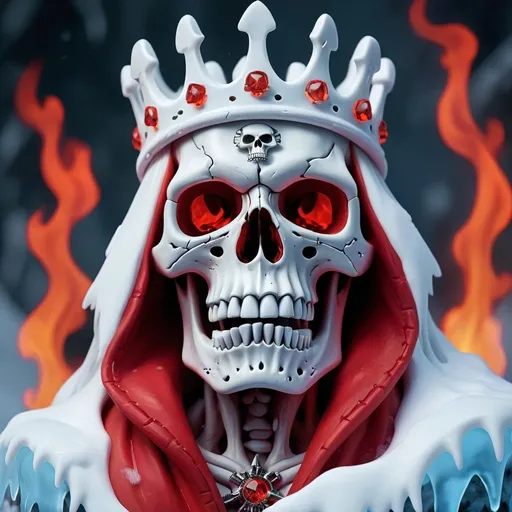 Prompt: Esquelet skull king in the ice cold, unfrozen, red fire