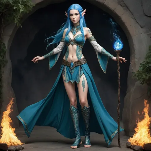 Prompt: Elven Earth water fire air mage with Blue Hair full body