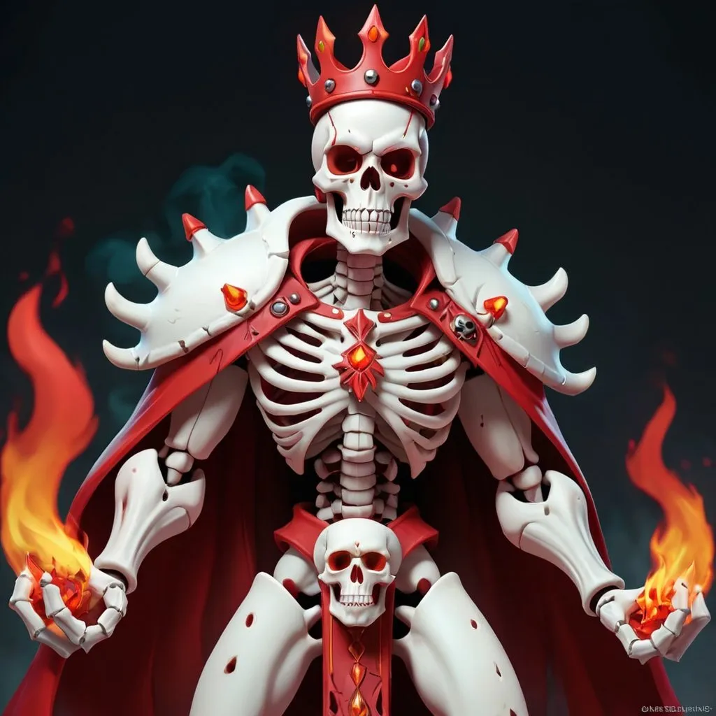 Prompt: Esquelet skull king, unfrozen, red fire, gender swap, full body