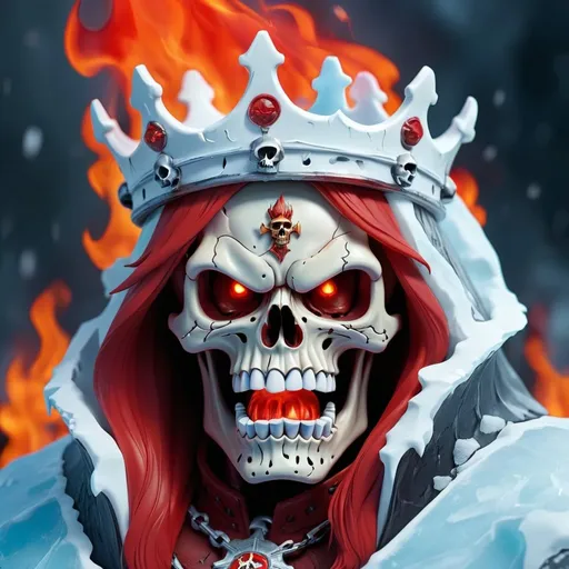 Prompt: Esquelet skull king in the ice cold, unfrozen, red fire, he is so angry that he got frozen