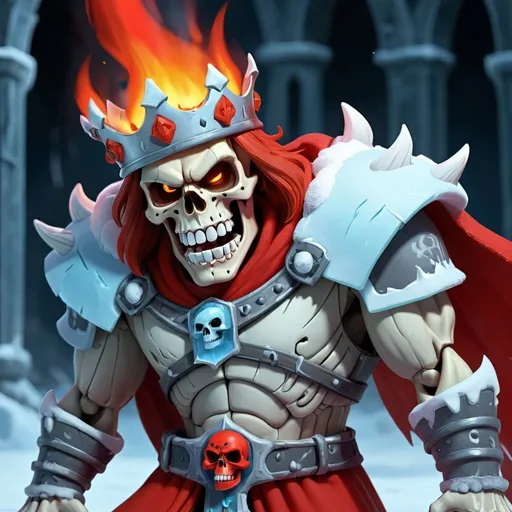 Prompt: Esquelet skull king, unfrozen, red fire, he is so angry that he got frozen, he’s angrier got him out of his ice prison, and he is happy and ready to take back his kingdom, he used his fire to unfrozen his whole kingdom