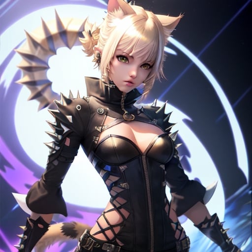 Prompt: A female miqote posing edgy and cool, short spiky blonde hair, hologram, cat tail, cat ears, white clothes