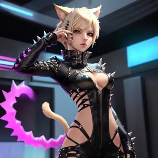 Prompt: A female miqote posing edgy and cool, short spiky blonde hair, hologram, cat tail, cat ears, white clothes