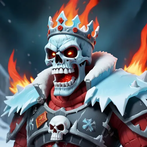 Prompt: Esquelet skull king, unfrozen, red fire, he is so angry that he got frozen, he’s angrier got him out of his ice prison, and he is happy and ready to take back his kingdom, he used his fire to unfrozen his whole kingdom, after the fire king unfrozen his kingdom he got an army of fire soldiers, and attacked the ice kingdom