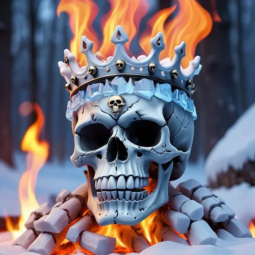 Prompt: Esquelet skull king in the hot fire , frozen, no fire