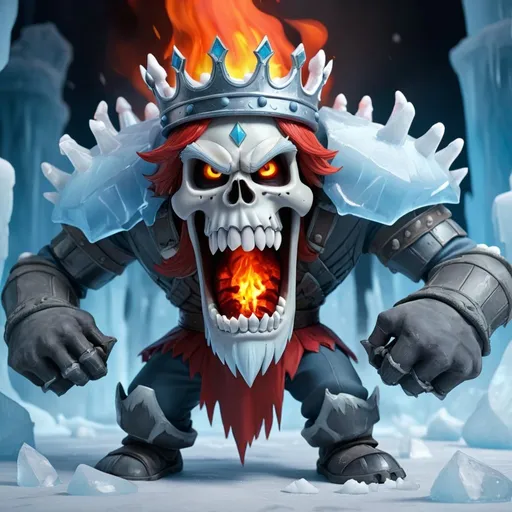 Prompt: Esquelet skull king, unfrozen, red fire, he is so angry that he got frozen, he’s angrier got him out of his ice prison, and he is happy and ready to take back his kingdom, he used his fire to unfrozen his whole kingdom, after the fire king unfrozen his kingdom he got an army of fire soldiers, and attacked the ice kingdom, and he is face-to-face with the ice king and fights him