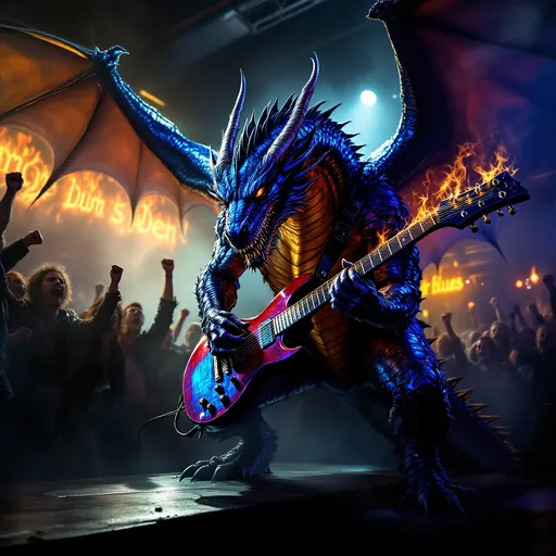 Prompt: A badass dragon playing a 6 string electric guitar and a background that's fitting