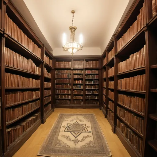 Prompt: a library of jewish hebrew books such as would be found in a yeshiva gedolah