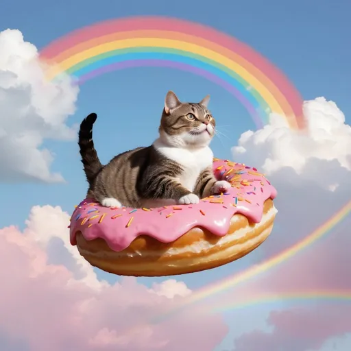 Prompt: A cat riding a donut through the sky. There's also a rainbow.