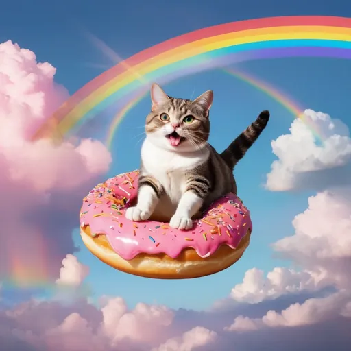Prompt: A cat riding a donut through the sky. There's also a rainbow.