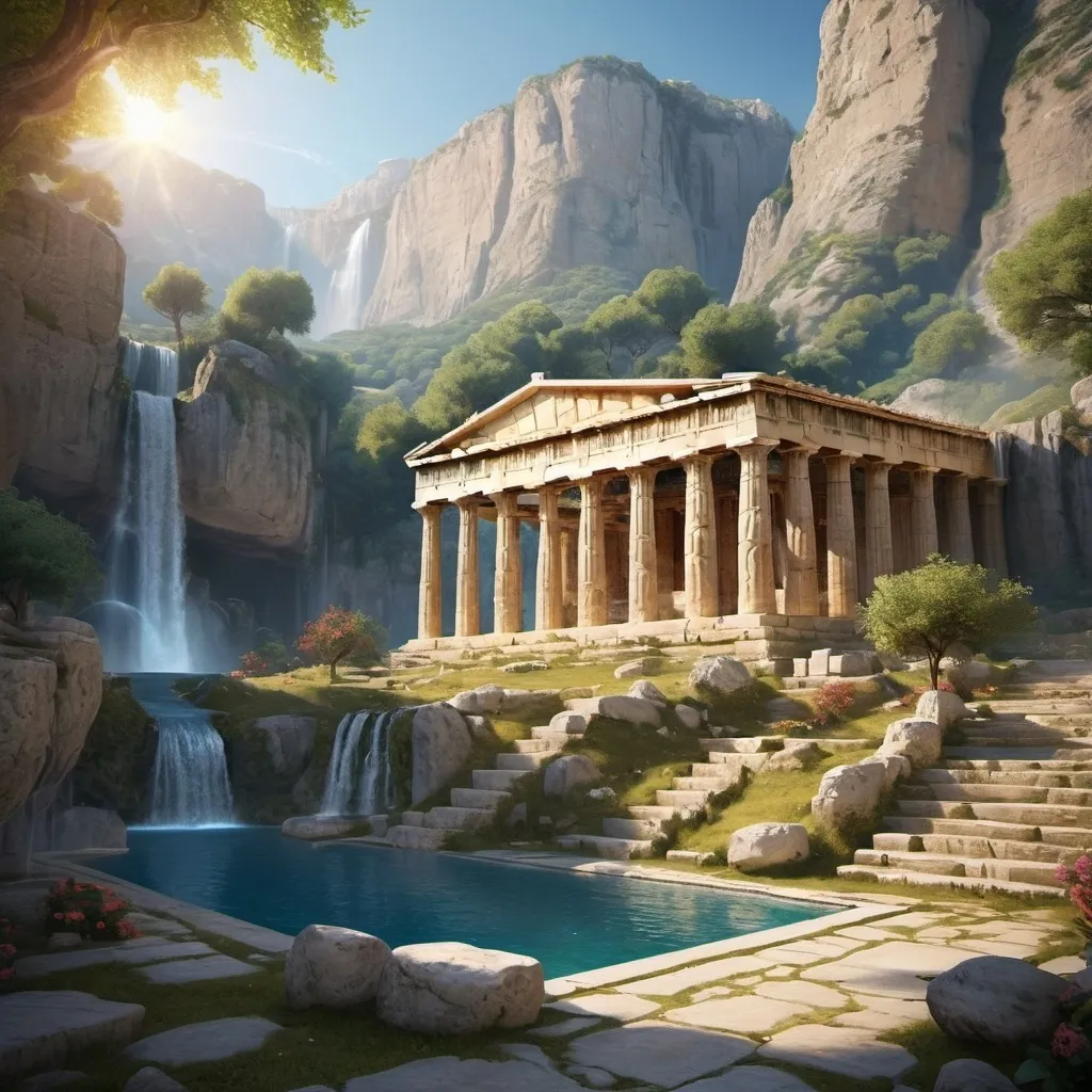 Prompt: A Greek realm with a stunning temple and huge Agora filled with beautiful greek women and men in togas surrounded by mountains waterfalls and forests.