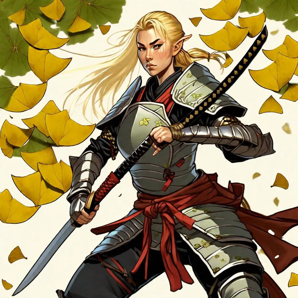 Prompt: DnD female half-elf ninja samurai with messy blonde hair in heavy armor. Gingko leaves falling 