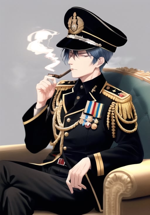 Prompt: Well decorated general in full black military suit, many medals. Pale blue hair, male, old, full body, smoking a big cigar, 