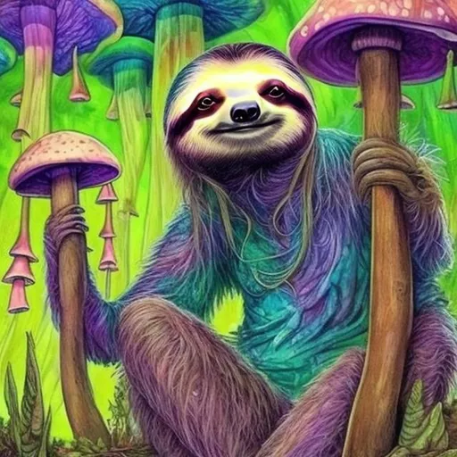 Prompt: Sloth taking mushrooms and being high psychadelic
 