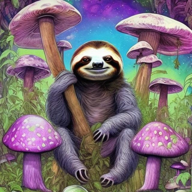 Prompt: Sloth taking mushrooms and being high psychadelic
 