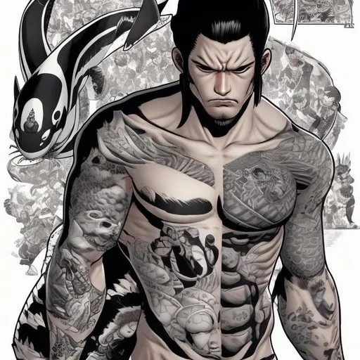Prompt: Yakuza Orca in comic book style with tattooed body