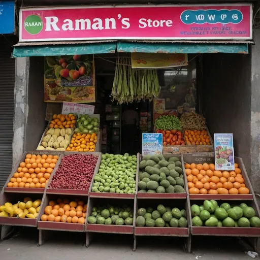 Prompt: A provisional store displays fruits and vegitables named Raman's Store