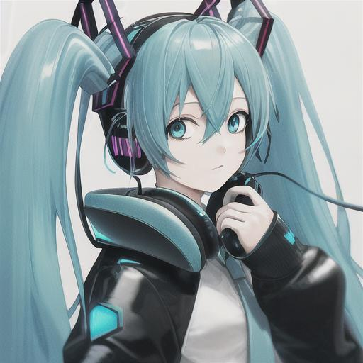 Prompt: Miku Hatsune wearing headphone at futuristic  street