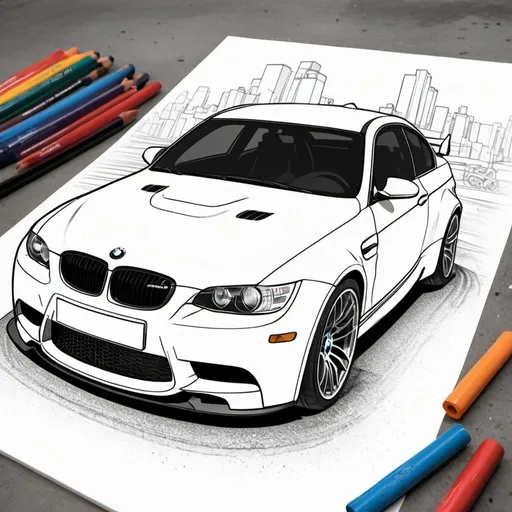 Prompt: Full color outline of bmw m3 for a coloring book cover concrete racing
background


