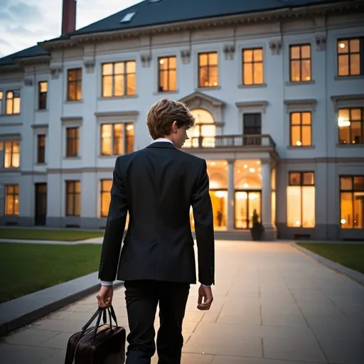 Prompt: Rich Teenage boy in a suit 
walking away from me in the evening towards a building 