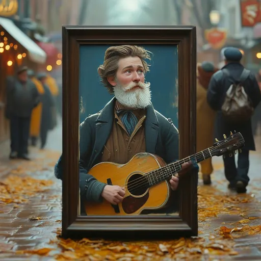 Prompt: a man with a beard and a beard playing a guitar on the street with other people standing around him, Lewis Broome, barbizon school, promotional image, a character portrait