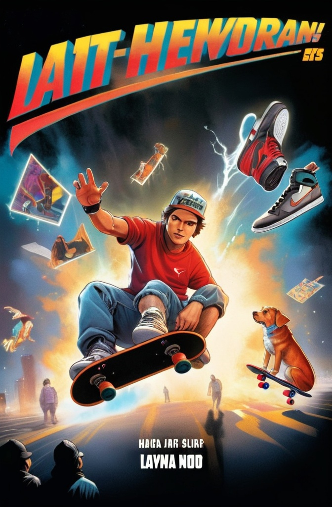 Prompt: portada de  comic . y como personaje principal tiene que salir un chico con gorra hacia atras y barba con estilo.en los pies lleva unas nike air jordan. Haciendo skate con el hoverboard de marty mcfly