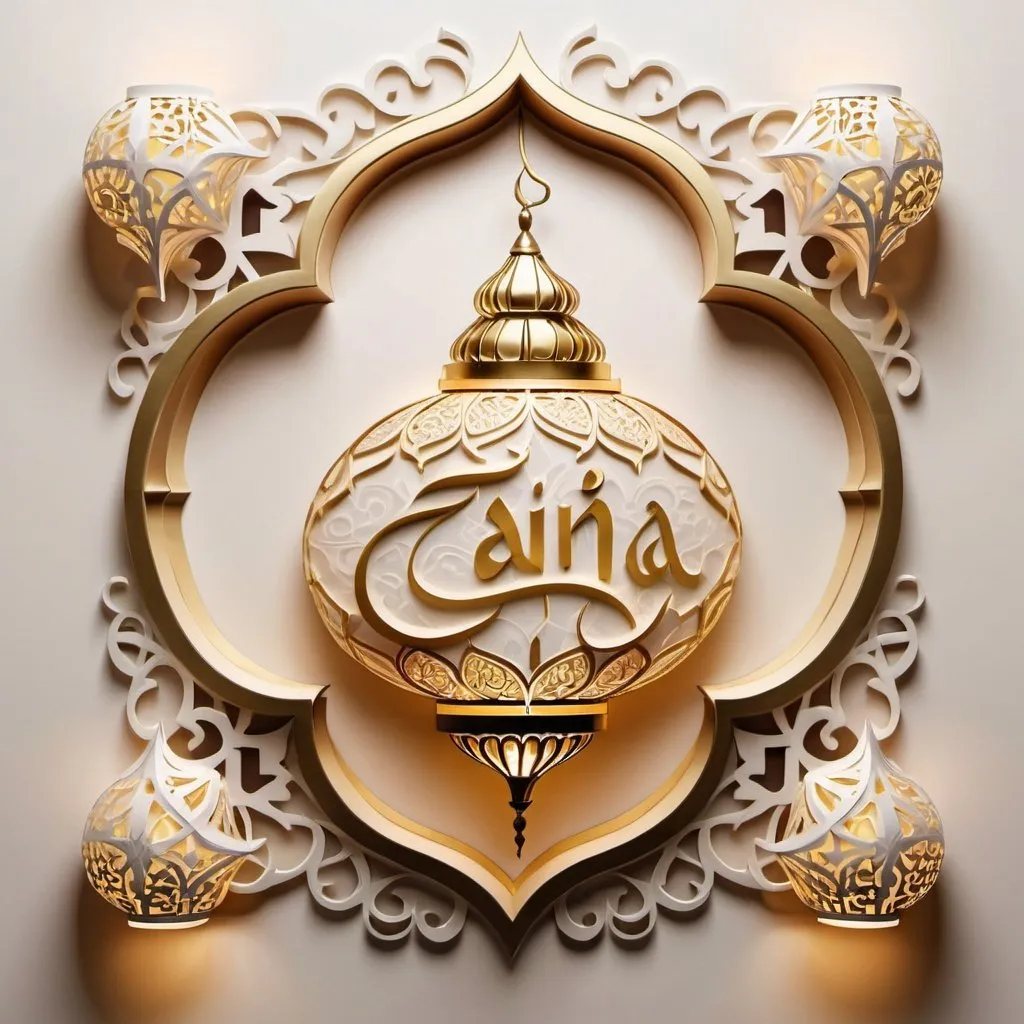 Prompt: The name Zaina written in elegant calligraphy, gold and white color palette, illuminated by warm, soft Ramadan lantern light, intricate arabesque patterns surrounding the name, detailed and ornate typography, high quality, Ramadan theme, elegant calligraphy, gold and white palette, soft illuminated lighting, arabesque patterns