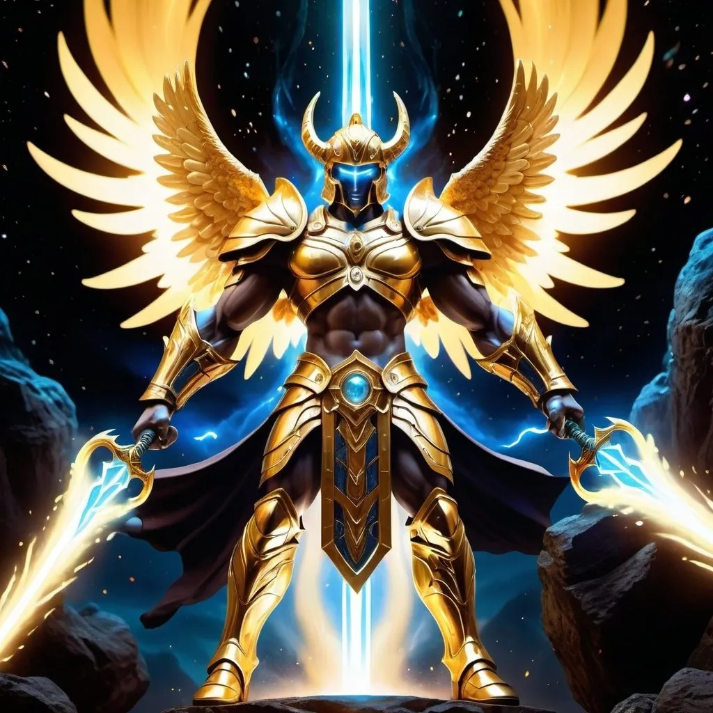 Prompt: Generate an epic fantasy illustration blending a heroic, statue-like figure in magnificent golden armor with a mind-bending cosmic event. The figure stands in a dark, toxic hell-like realm, its chiseled features exuding strength and valor amidst the ominous surroundings.

The warrior's armor shines with divine radiance, embodying a max-level warrior's spiritual essence. Majestic wings sprout from its back, shimmering with ethereal light and casting intricate shadows. Above its head floats a radiant halo, symbolizing its transcendent nature.

In one hand, the warrior wields a monumental lightning sword, crackling with elemental power, evoking awe and reverence. Meanwhile, a tesseract explodes into another tesseract nearby, spinning and folding geometric shapes in a surreal and psychedelic display. Rays of light and energy radiate from the collision, challenging spatial perception and hinting at unseen dimensions.

This artwork captures the fusion of cosmic wonder and legendary warrior spirit, depicting a timeless vigilance and profound connection to celestial and earthly realms alike.