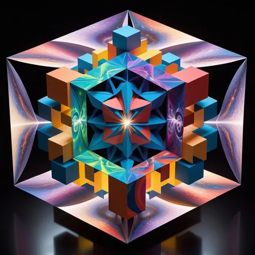 Prompt: Generate a mind-bending artwork depicting a tesseract exploding into another tesseract, creating a mesmerizing display at the intersection of 3D and 4D dimensions. The scene unfolds with geometric shapes spinning and folding in a surreal and psychedelic spectacle.

The tesseracts, represented as multidimensional cubes, morph and twist in an abstract symphony of fractal-like formations. Each surface of the tesseracts displays a kaleidoscope of vibrant colors and intricate patterns that seem to warp and shift through extra-dimensional space.

Rays of light and energy radiate from the collision point, casting dynamic shadows and reflections that defy conventional spatial perception. The background swirls with nebulous cosmic clouds and hints of celestial bodies, enhancing the cosmic drama and depth of the scene.

Sparkling particles and ethereal distortions suggest the presence of unseen dimensions and alternate realities converging in this explosive event. The artwork challenges the viewer's perception, inviting them to contemplate the mysteries of higher dimensions and the boundaries of visual imagination.