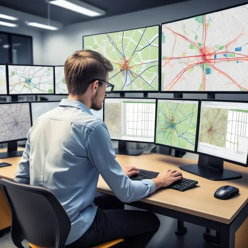 Prompt: Create an image of a GIS (Geographic Information System) project in action. The scene should depict a person sitting at a computer, working on a GIS software like QGIS, with multiple maps and layers open on the screen showing traffic congestion analysis. The individual is focused on solving problems, with diagrams of bus routes, school locations, and traffic patterns in the background. In the foreground, show layers of data being processed, with visible lines, points, and roads. Include a large monitor displaying a map with clearly visible elements like a distance matrix, and elements of technological challenges like error messages and software crashing. The workspace should look like a combination of a data analysis and mapping project, with a feeling of problem-solving in a calm, professional office environment. Additionally, show some open books, and digital tools like Excel integrated within the GIS system for future data layers. The setting should feel like a mix of determination, focus, and overcoming challenges, with a high-tech, data-driven ambiance.