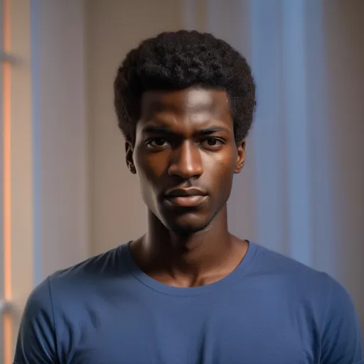 Prompt: Tall young black man with short nappy afro hair, narrating on video, blue T-shirt, realistic, natural lighting