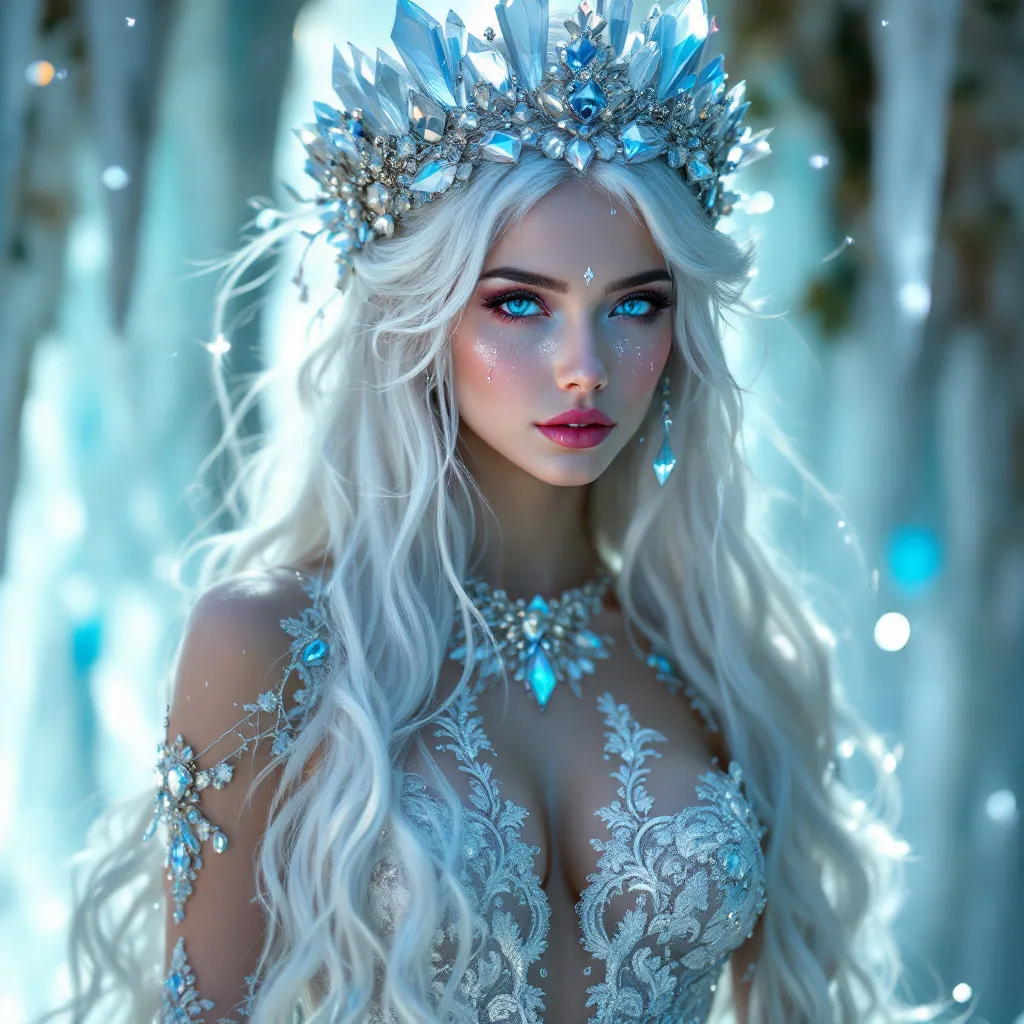 Prompt: "A breathtakingly beautiful ethereal woman with long, flowing silver-white hair, wearing an ornate white and silver gown adorned with shimmering gemstones and intricate lace patterns. Her eyes are heterochromatic—one a radiant icy blue and the other a mesmerizing pink, with delicate crystal-like tears falling from them. She wears a wide, elegant hat embellished with crystalline details, delicate silver filigree, and small magical ornaments. Her jewelry sparkles with violet and blue gemstones, including a large, radiant amethyst pendant surrounded by spiked silver frames. The atmosphere is glowing with soft, magical light, creating a dreamy, otherworldly feel. The background is a blurred icy wonderland, filled with twinkling lights and floating crystal shards, enhancing the fantasy aesthetic."

