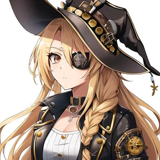 Prompt: Her long, sun-kissed blonde hair is her most distinctive feature, often styled in a sleek and intricately braided ponytail that cascades down her back. The braids are adorned with small gears and cog-shaped hairpins, giving her a touch of steampunk flair.  She wears an eyepatch and a pirate hat

She wears a fitted leather jacket with brass buckles and straps, giving her a formidable and commanding presence. 

Her long, black leather gloves are both functional and stylish, decorated with brass rivets and a variety of tiny pockets to store small tools and trinkets.

Beneath her jacket, she sports a waistcoat intricately embroidered with intricate patterns.

Her pants are made of durable, weathered fabric, tucked into knee-high leather boots with brass-plated heels.

Her eyes are an enchanting shade of sapphire blue, reflecting her determination and the vast expanse of the open skies she navigates. 

A collection of pocket watches, keys and compasses, dangle from her belt.

 She wears an eyepatch over her right eye. 

She also wears a pirate hat

Anime style